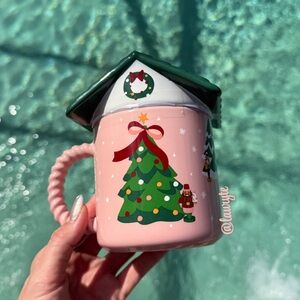 Starbucks Pink Bearista Bear Gingerbread House Ceramic Mug With Lid